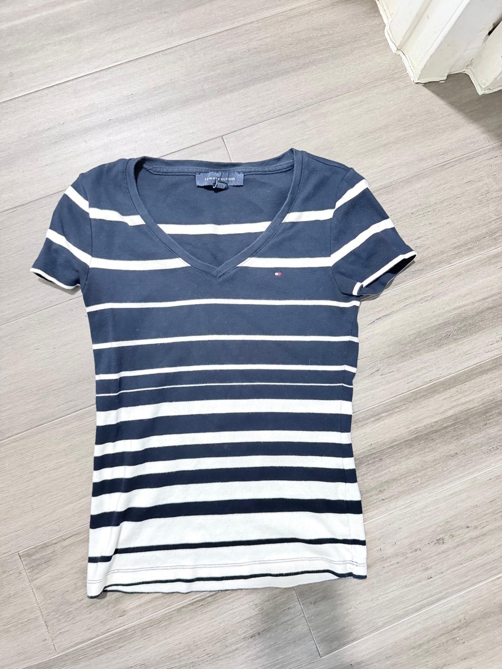 Tommy Hilfiger Navy and White Striped V-Neck Short Sleeve Tee